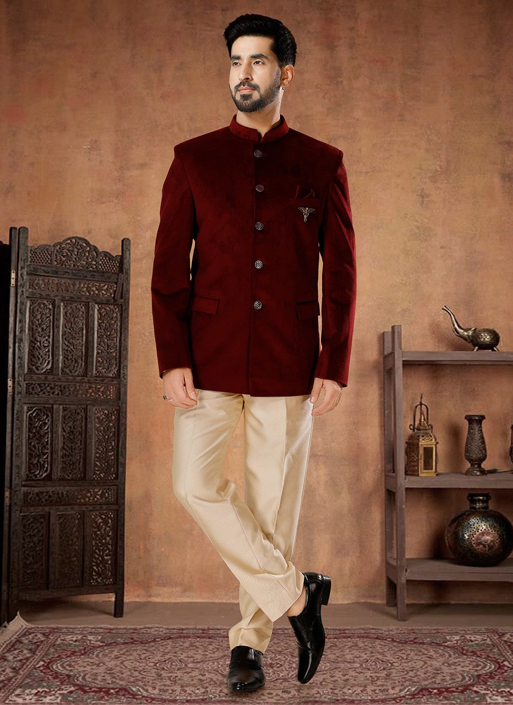 Buttons Velvet Maroon Jodhpuri Suit - M7061