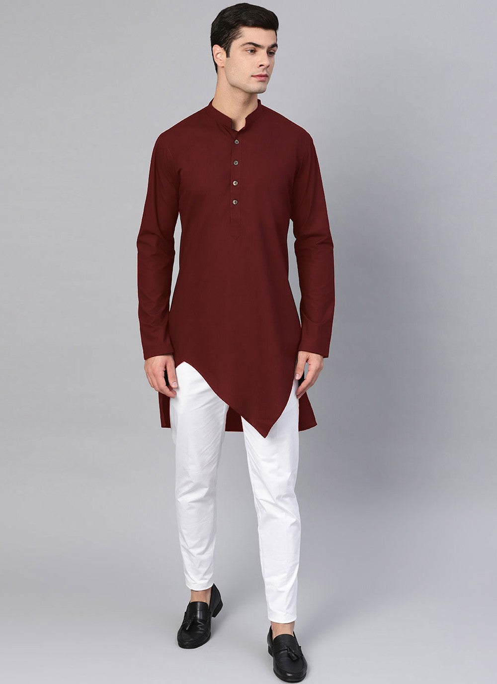 Buttons Blended Cotton Maroon Kurta - M4548