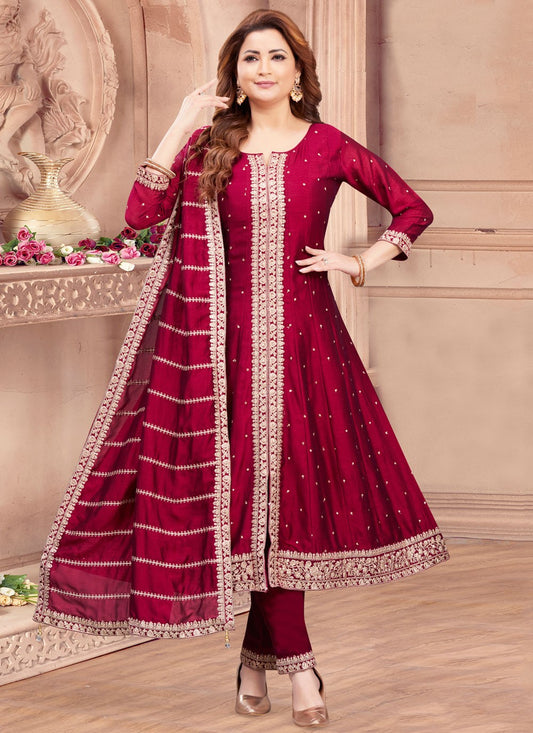 Salwar Suit Weaving Zari Maroon Silk T5245