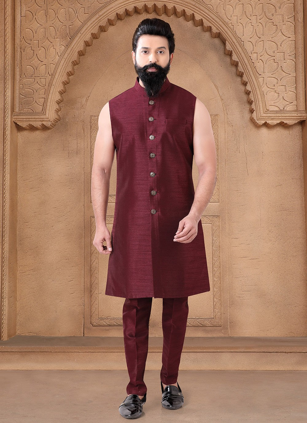 Embroidered Silk Maroon Indo Western - M7671