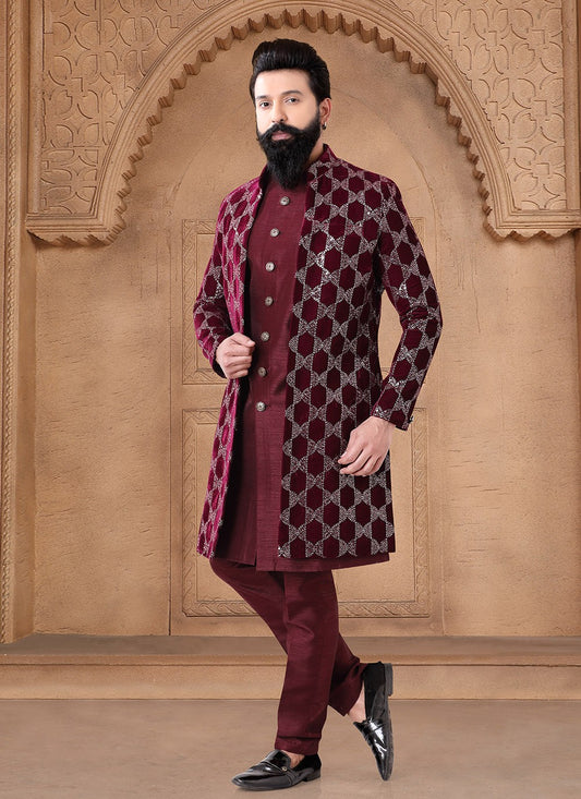 Embroidered Silk Maroon Indo Western - M7671