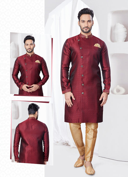 Plain Jacquard Maroon Indo Western - M7696