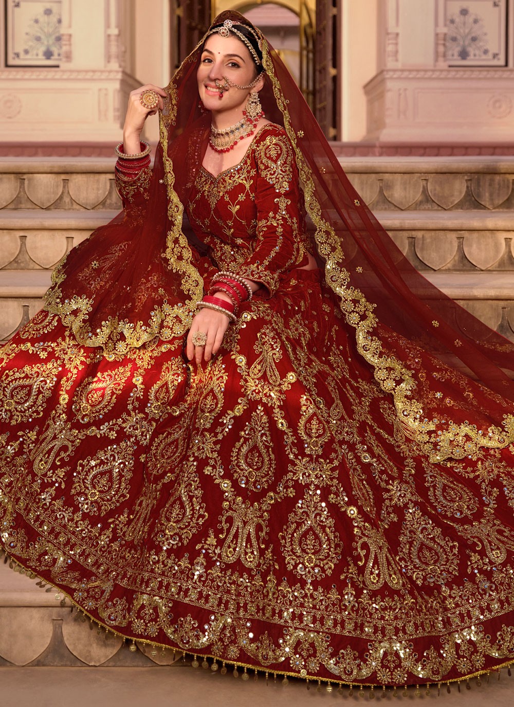 Embroidered Velvet Maroon Lehenga - L3294