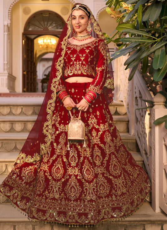 Embroidered Velvet Maroon Lehenga - L3294