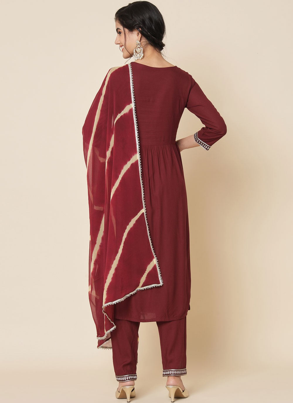 Pant Style Suit Embroidered Maroon T6701