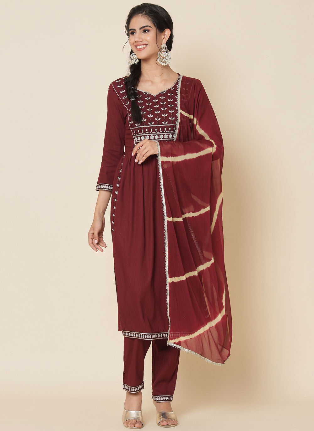 Pant Style Suit Embroidered Maroon T6701
