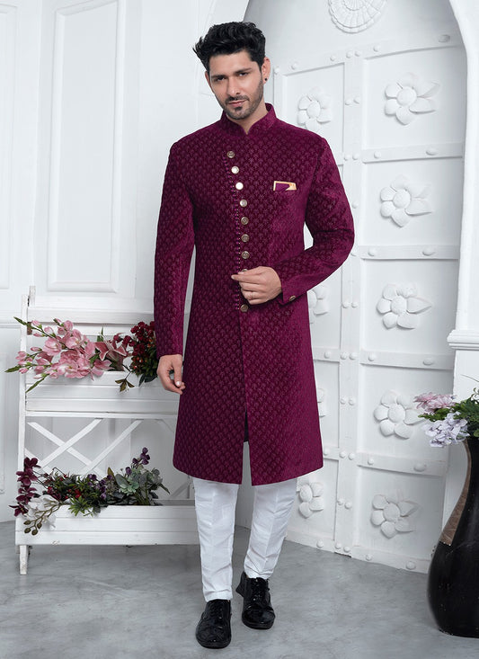 Machine Embroidery Silk, Velvet Maroon Sherwani - M8258