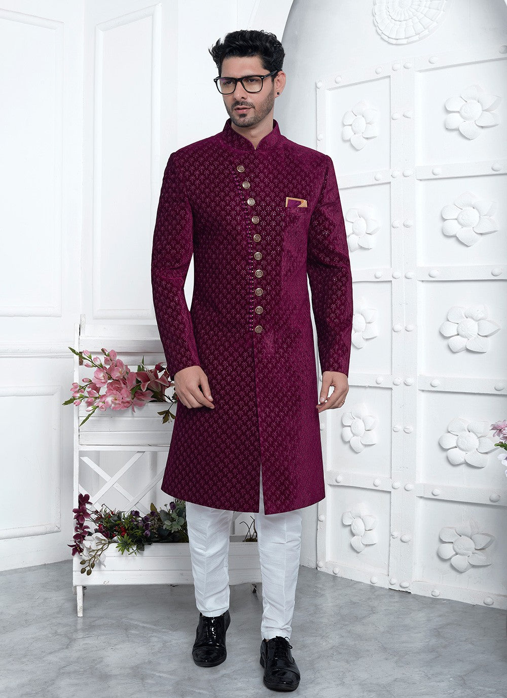 Machine Embroidery Silk, Velvet Maroon Sherwani - M8258