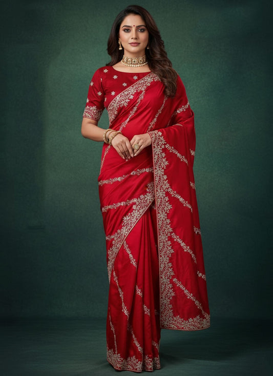 Maroon Satin Silk Traditional Saree Aari Work, Embroidered, Sequins S20243