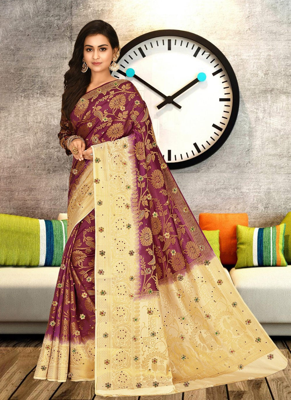 Hand Embroidery Kanjivaram Silk Maroon Saree S13764