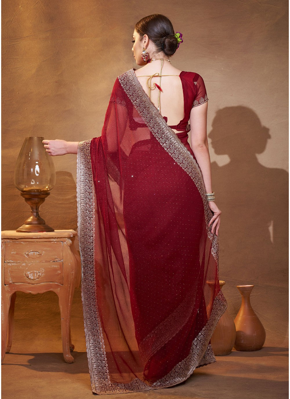 Embroidered Chiffon Maroon Saree S14451