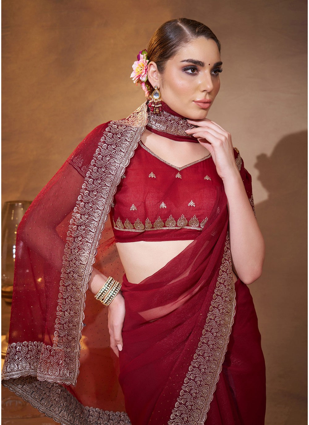 Embroidered Chiffon Maroon Saree S14451