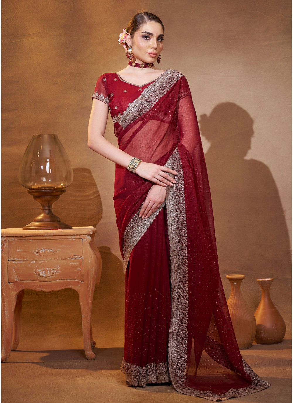 Embroidered Chiffon Maroon Saree S14451