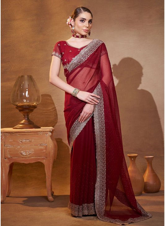Embroidered Chiffon Maroon Saree S14451