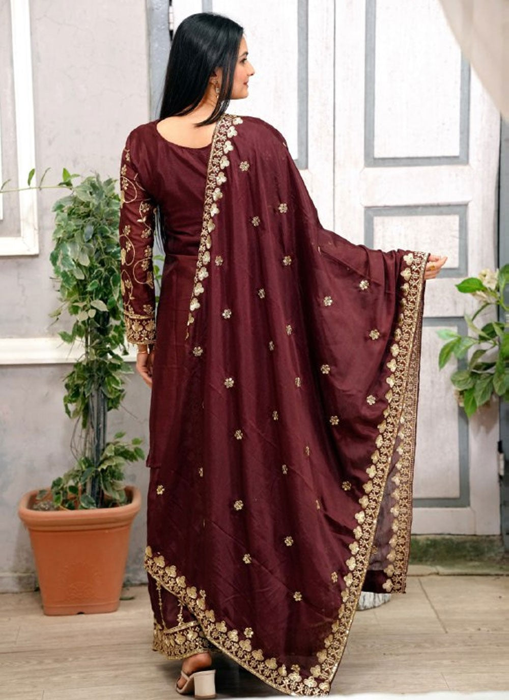 Sharara Suit Embroidered, Sequins, Zari Maroon T7062