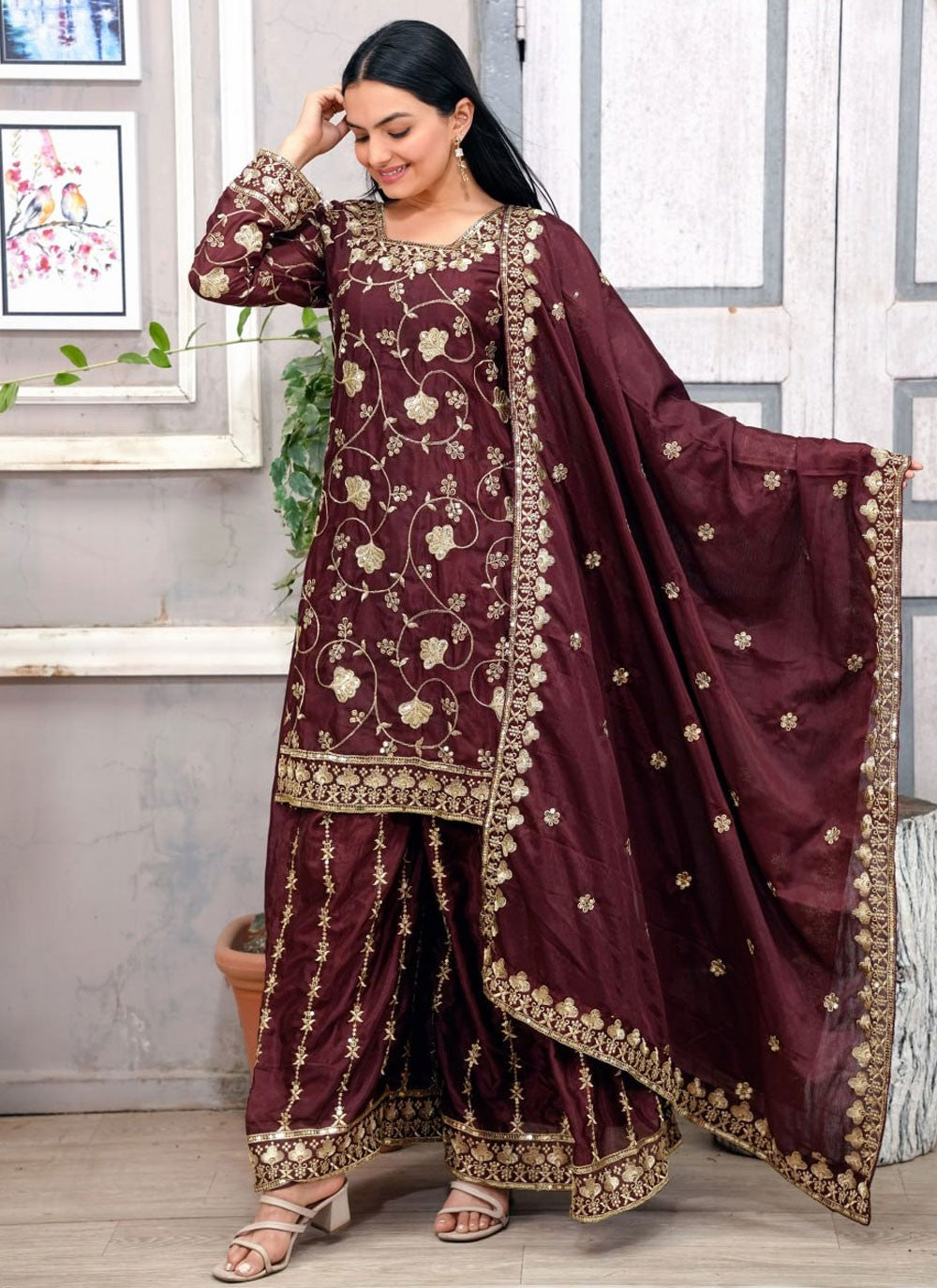 Sharara Suit Embroidered, Sequins, Zari Maroon T7062