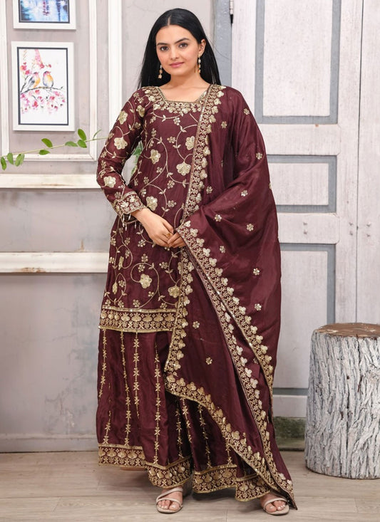 Sharara Suit Embroidered, Sequins, Zari Maroon T7062