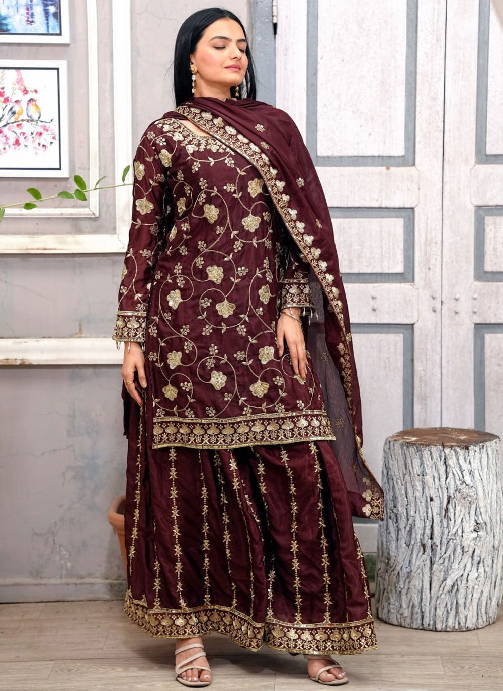 Sharara Suit Embroidered, Sequins, Zari Maroon T7062