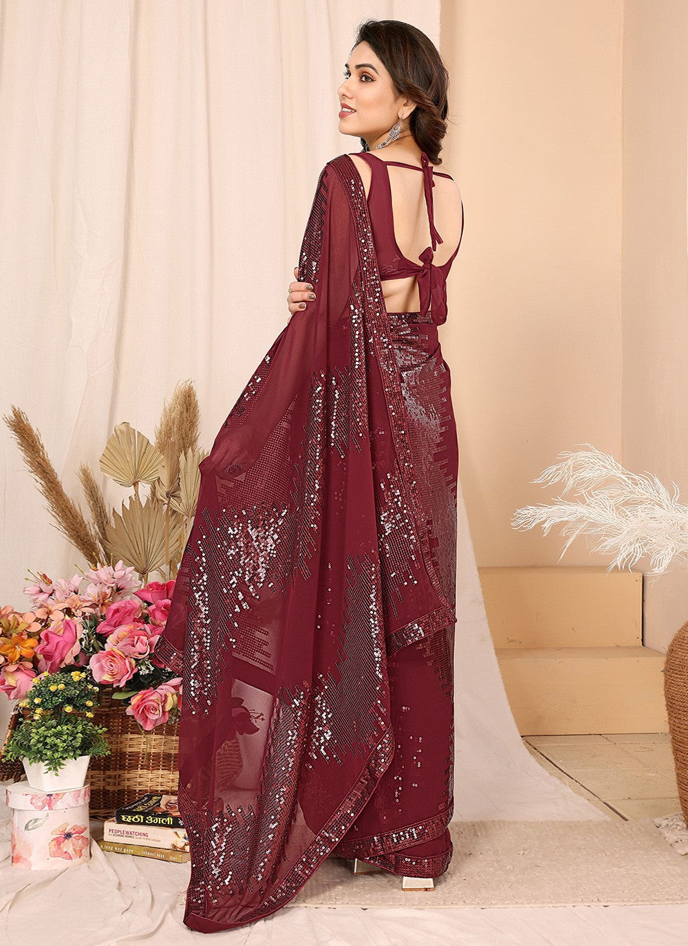 Maroon Georgette Classic Saree Sequins, Thread S16087