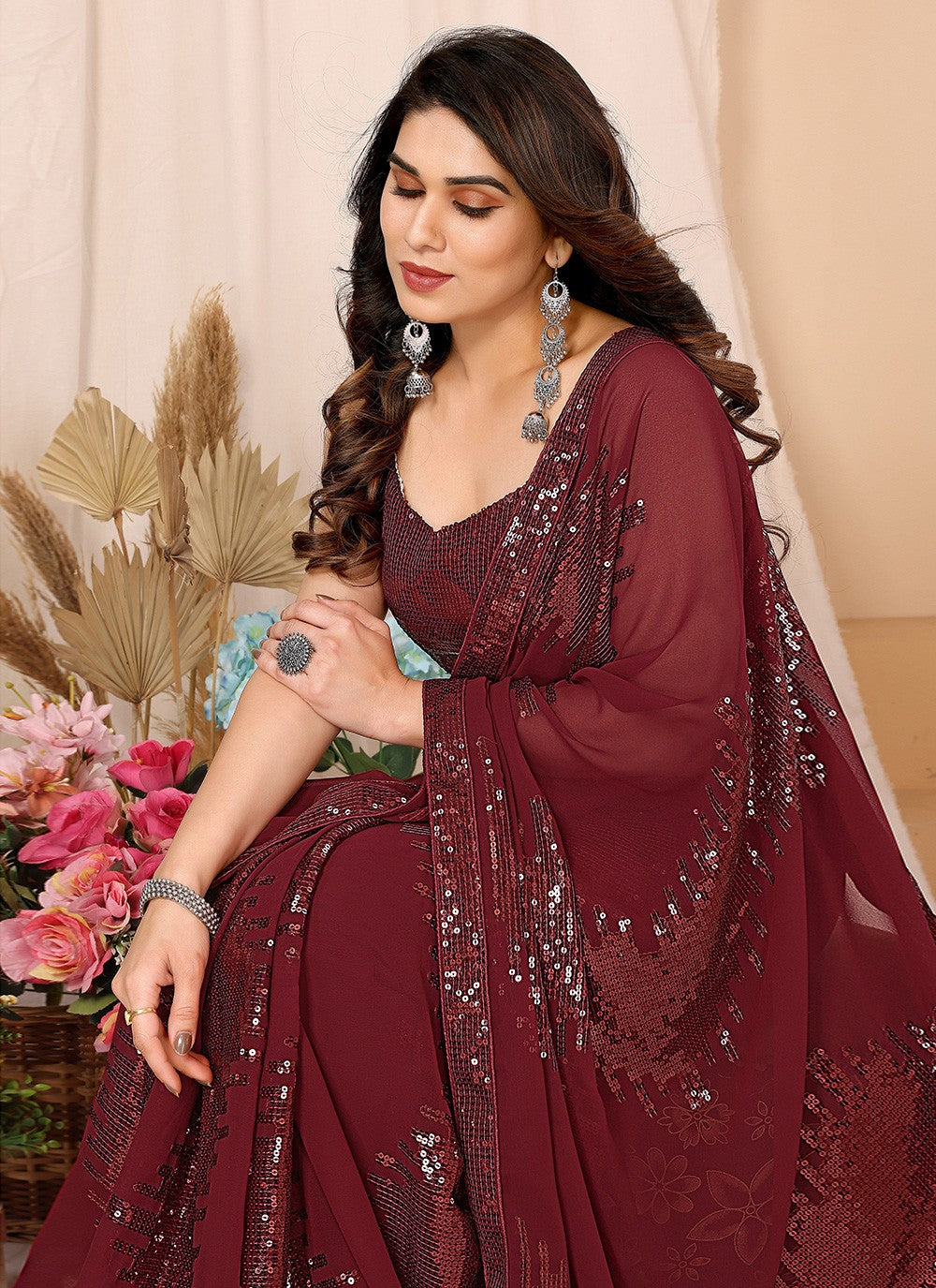 Maroon Georgette Classic Saree Sequins, Thread S16087