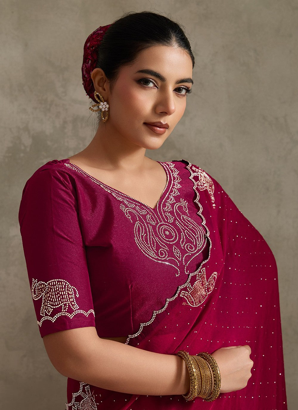 Maroon Satin Classic Saree Diamond, Printed S20160