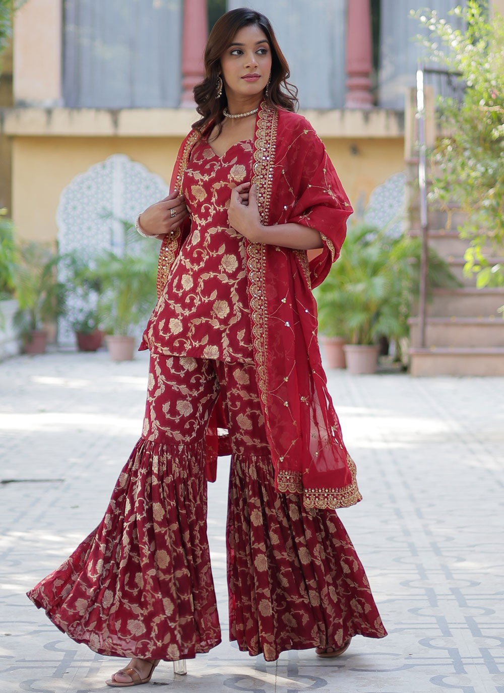Salwar Suit Jacquard Work Maroon Viscose T5392