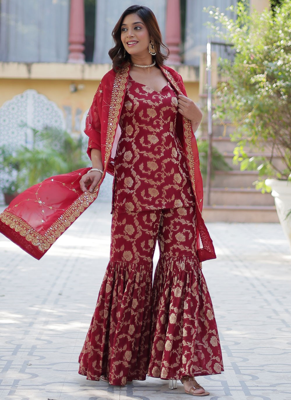 Salwar Suit Jacquard Work Maroon Viscose T5392