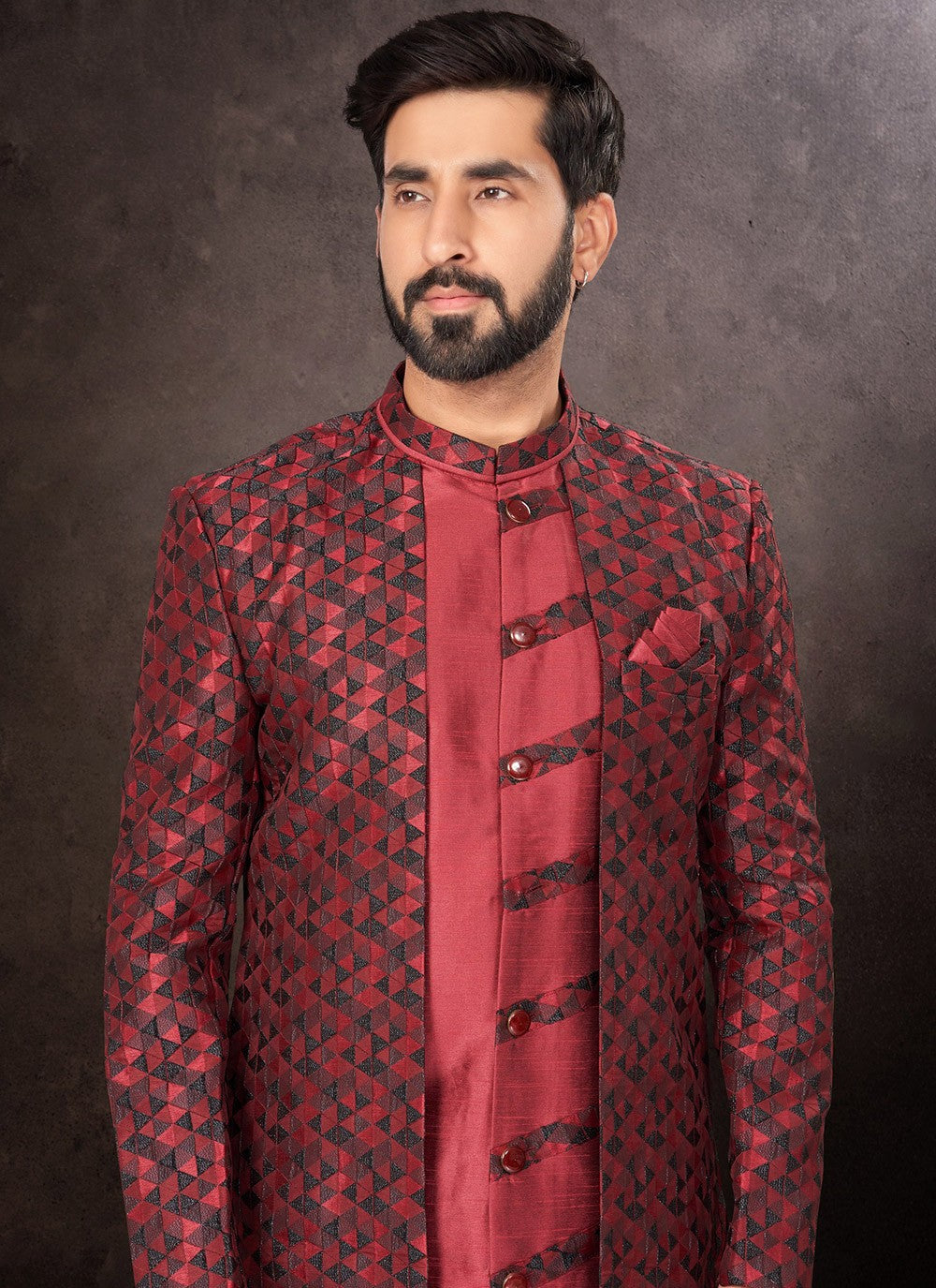 Fancy Work Jacquard Maroon Indo Western - M7248