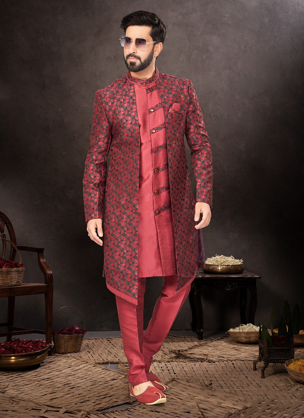 Fancy Work Jacquard Maroon Indo Western - M7248