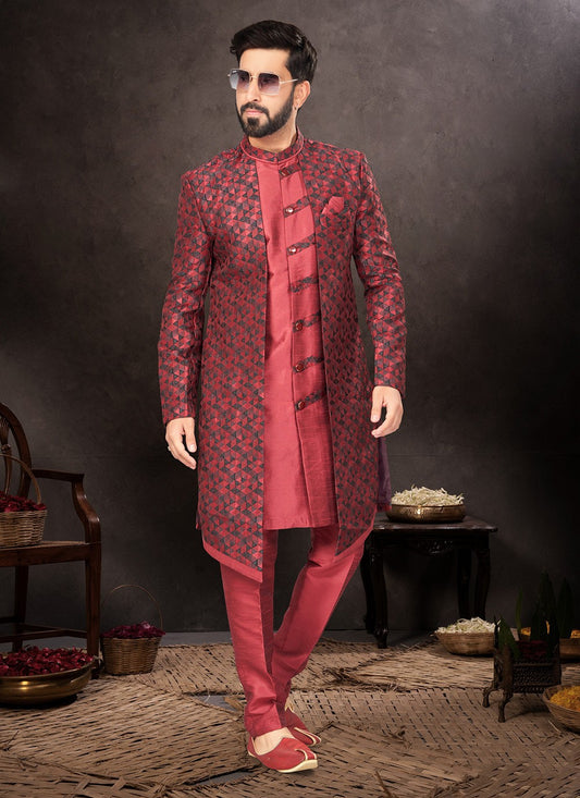 Fancy Work Jacquard Maroon Indo Western - M7248