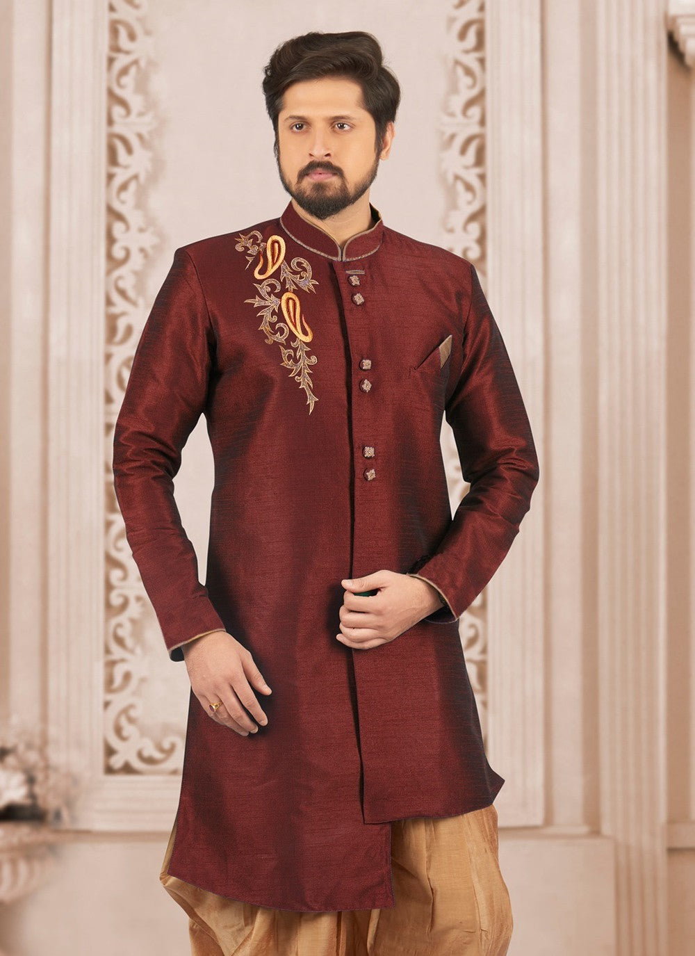 Embroidered Dupion Silk Maroon Kurta - M6289