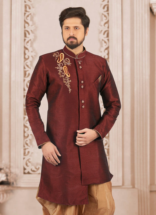 Embroidered Dupion Silk Maroon Kurta - M6289