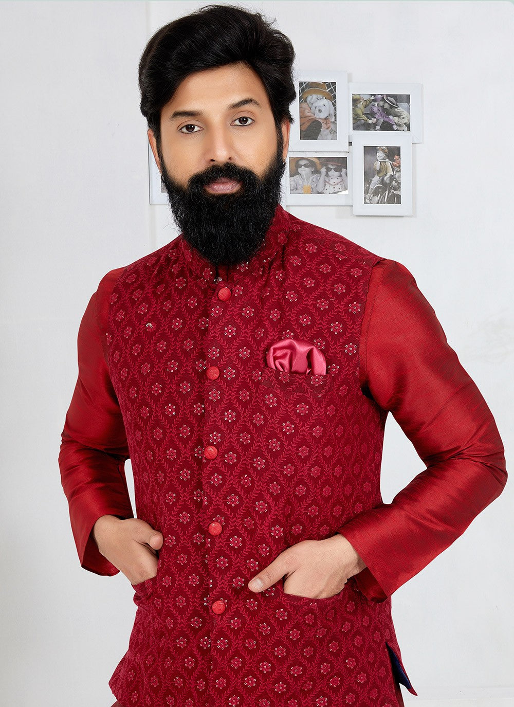 Resham Thread Work Dupion Silk, Viscose Maroon Kurta Payjama With Jacket - M5462
