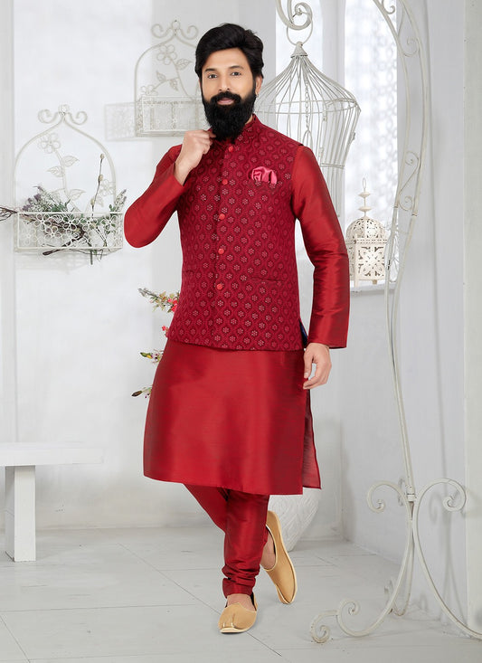 Resham Thread Work Dupion Silk, Viscose Maroon Kurta Payjama With Jacket - M5462