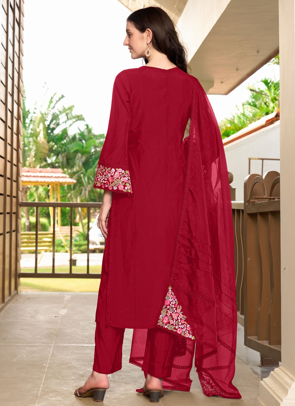 Pant Style Suit Embroidered Maroon Silk T5355