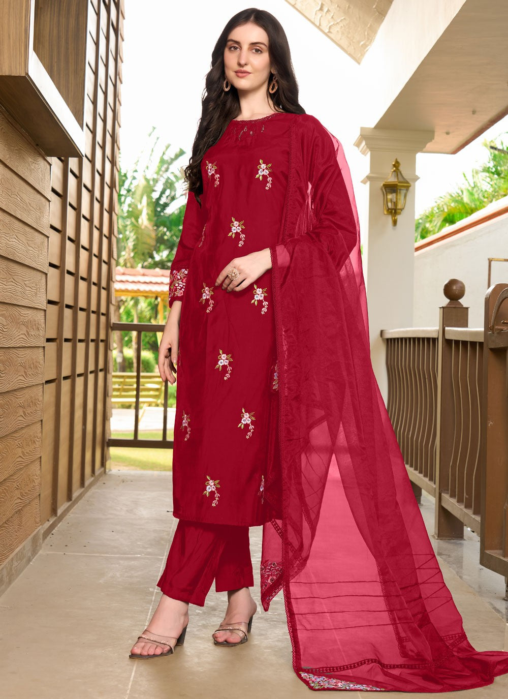 Pant Style Suit Embroidered Maroon Silk T5355