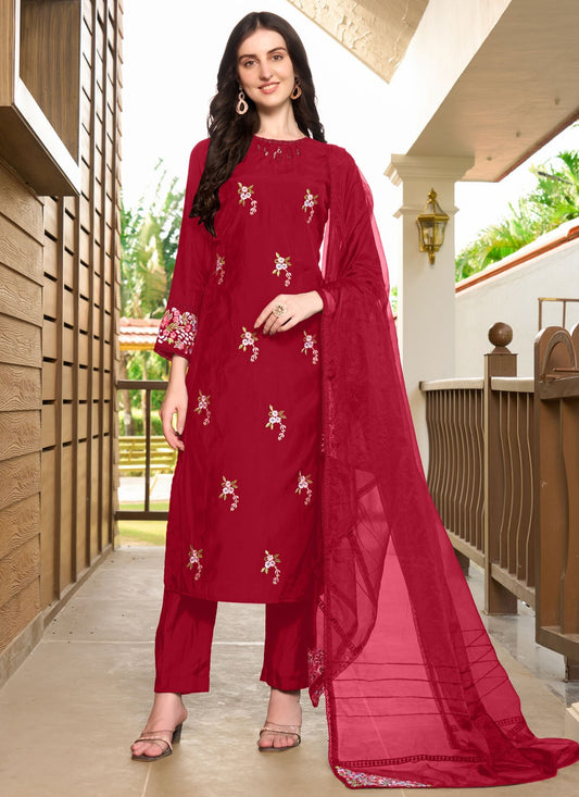 Pant Style Suit Embroidered Maroon Silk T5355