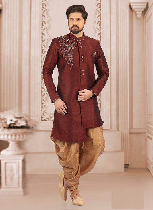 Embroidered Dupion Silk Maroon Indo Western - M6390