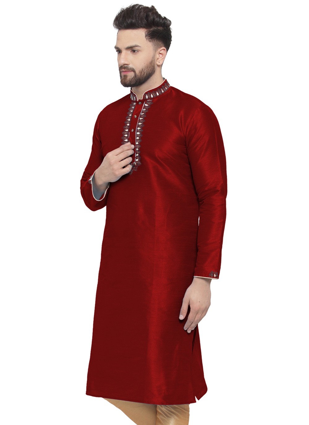 Embroidered Dupion Silk Maroon Kurta - M7327