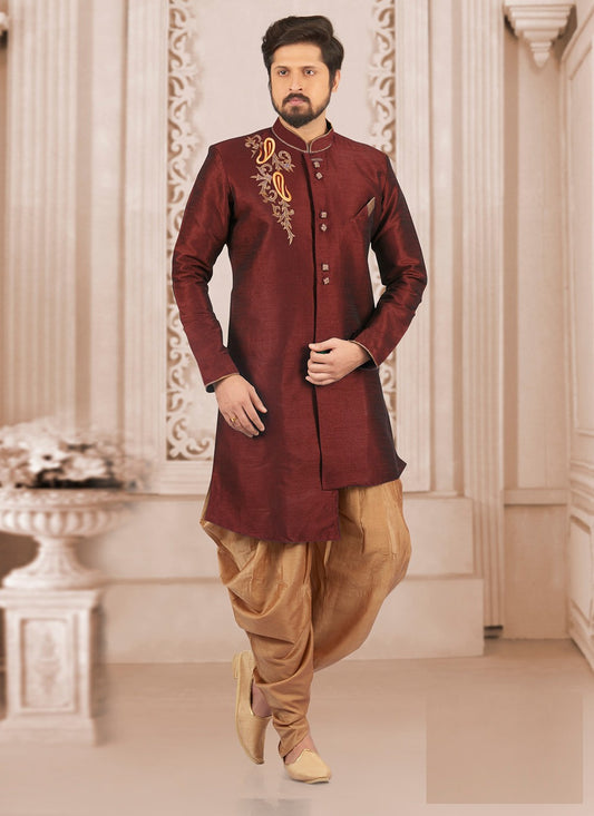 Embroidered Dupion Silk Maroon Indo Western - M6382
