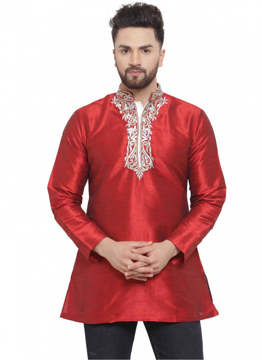 Embroidered Art Dupion Silk Maroon Kurta - M1695