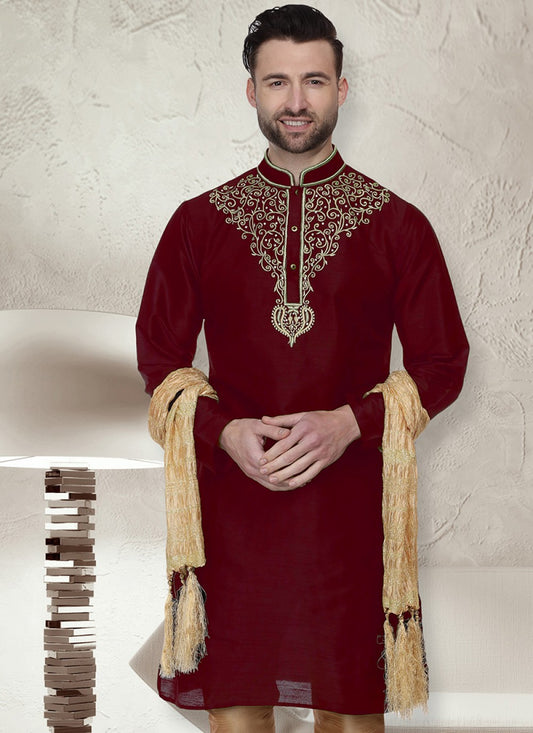 Embroidered Art Dupion Silk Maroon Kurta - M1473
