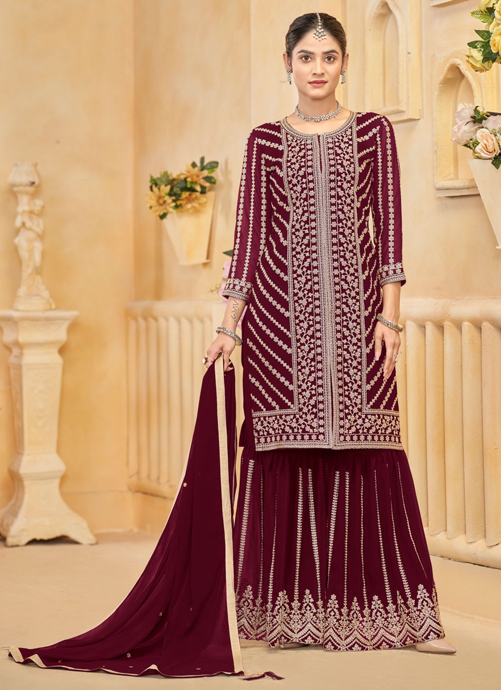 Embroidered Faux Georgette Maroon Palazzo Suit T6015