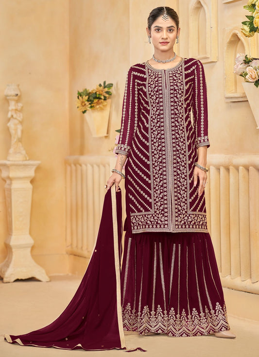 Embroidered Faux Georgette Maroon Palazzo Suit T6015
