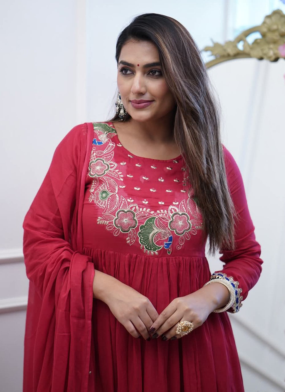 Salwar Suit Embroidered Maroon Chinon T5024