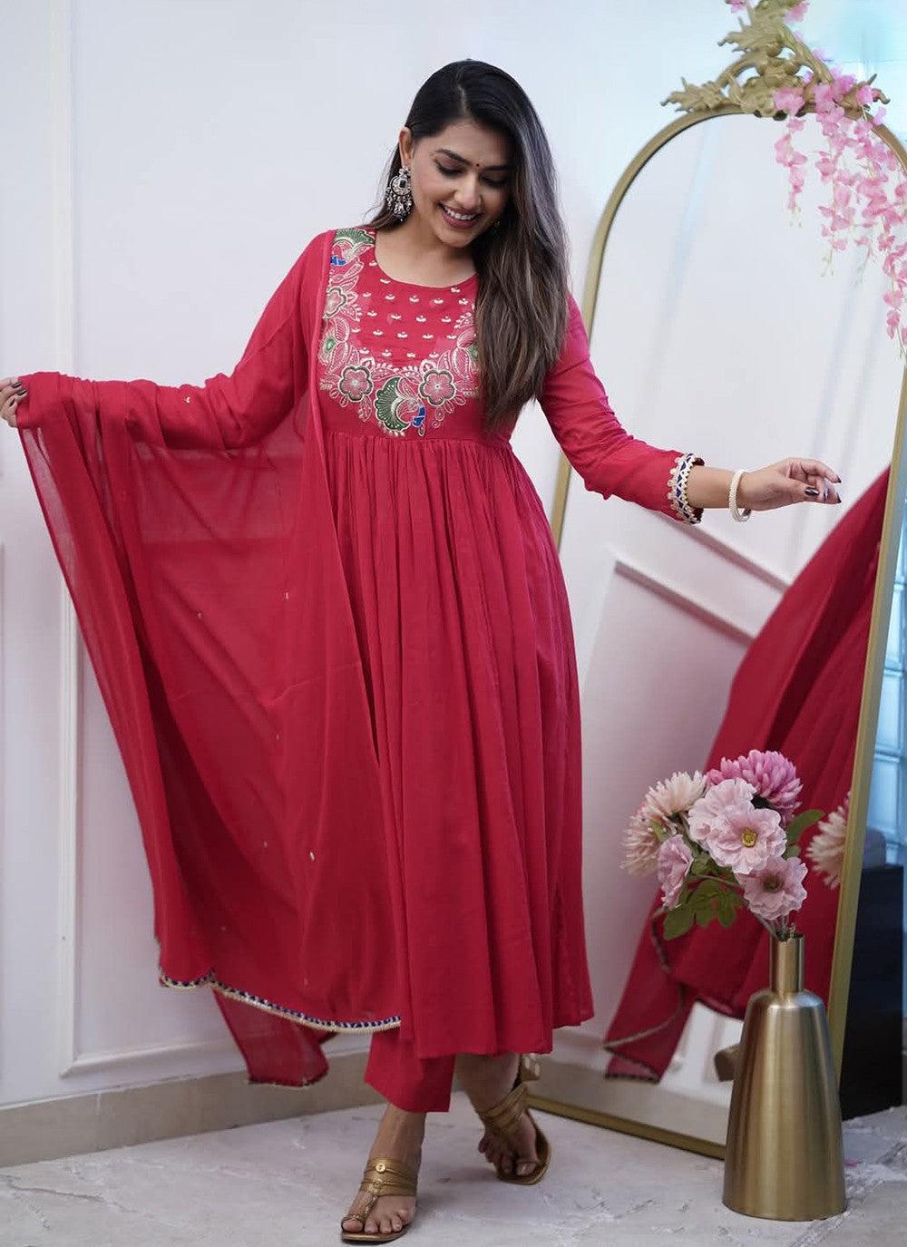 Salwar Suit Embroidered Maroon Chinon T5024