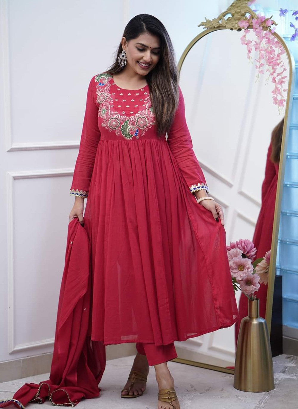 Salwar Suit Embroidered Maroon Chinon T5024