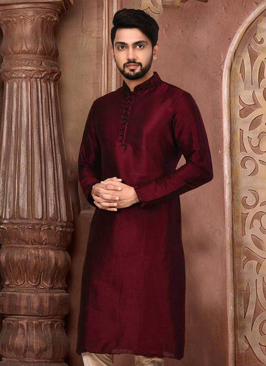 Embroidered Dupion Silk Maroon Kurta - M2301