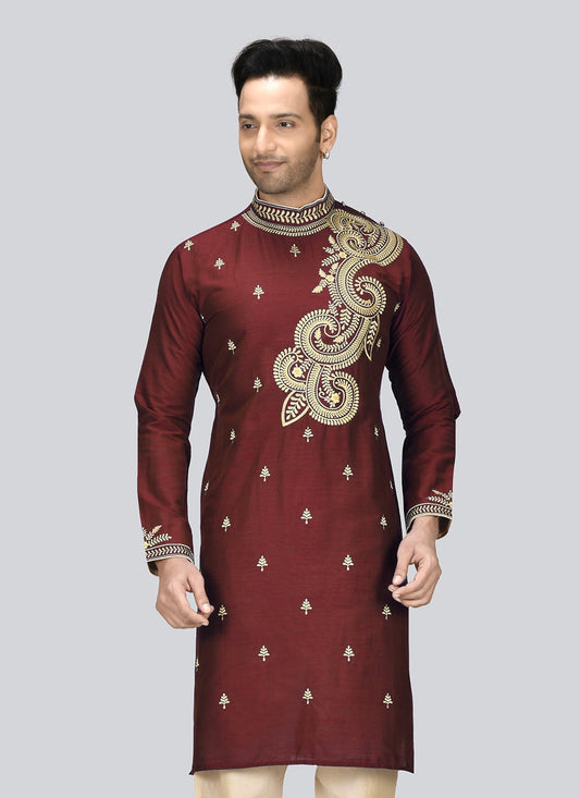 Embroidered Dupion Silk Maroon Kurta - M2380
