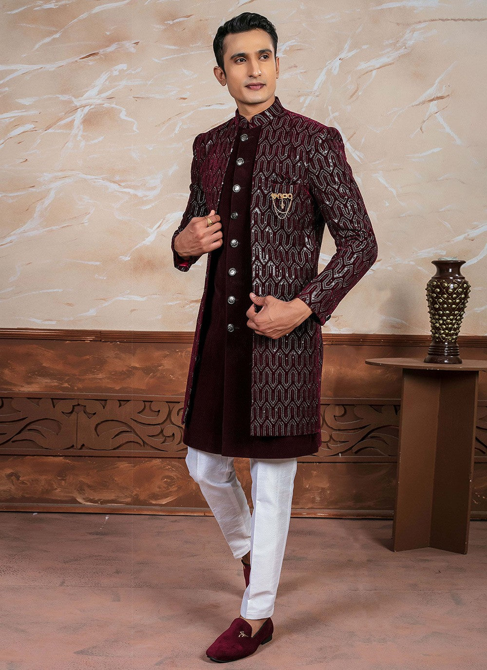 Embroidered Velvet Maroon Indo Western - M8337